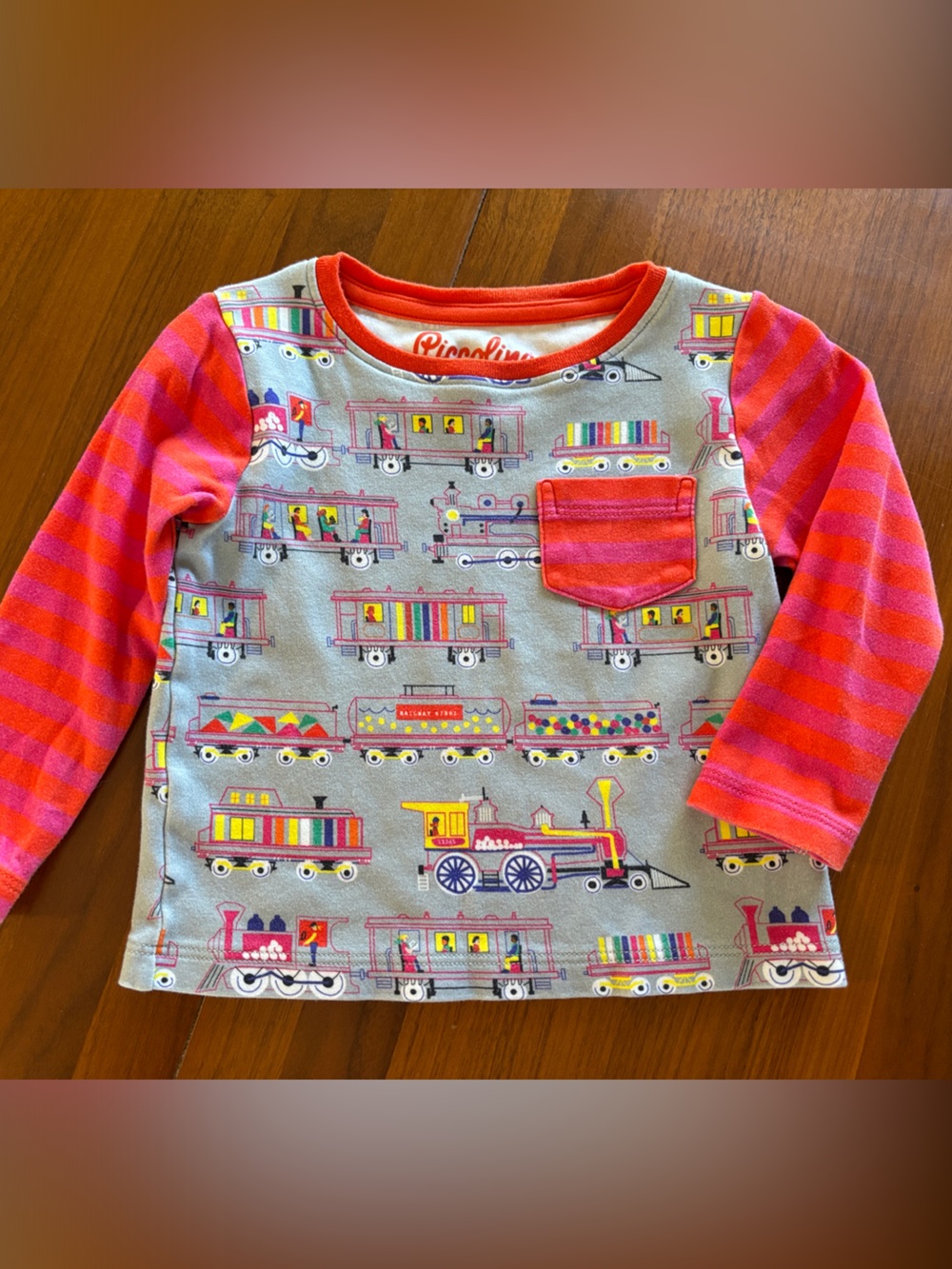 Piccolina Gray Train Print Long Sleeve Tee with Pink Stripe Sleeves, 100% cotton